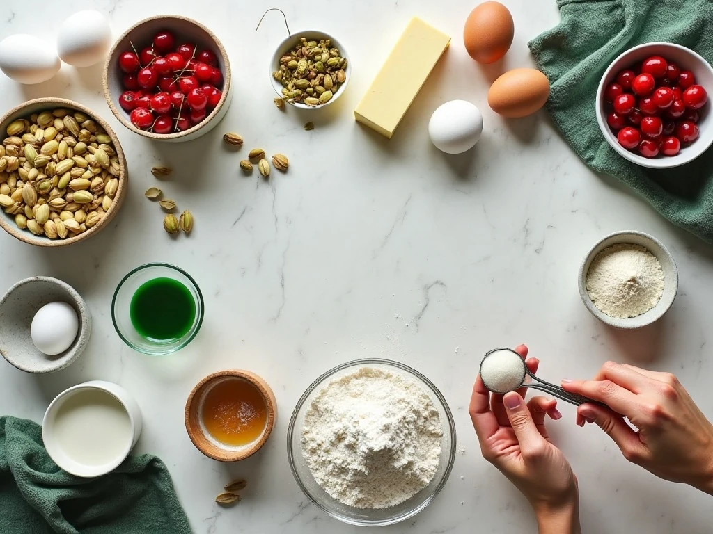 Ingredients for pistachio Christmas cupcakes with cherries