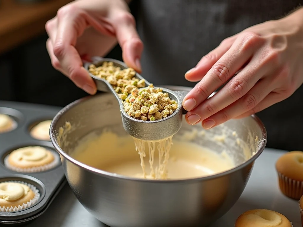 Folding pistachios and cherries into cupcake batter