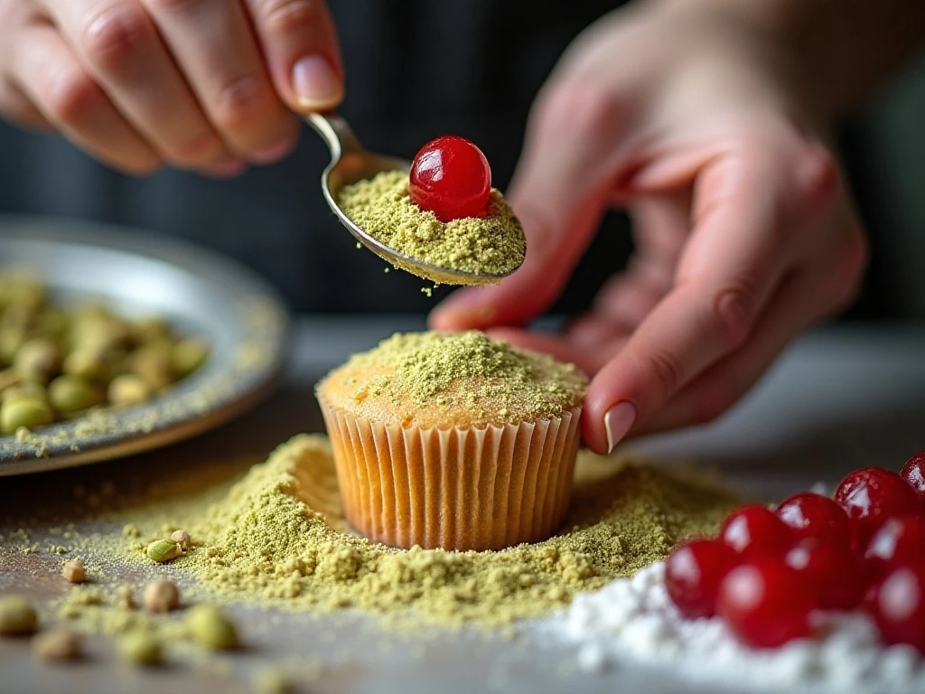Ground pistachios and flour-coated cherries prepared for cupcake batter