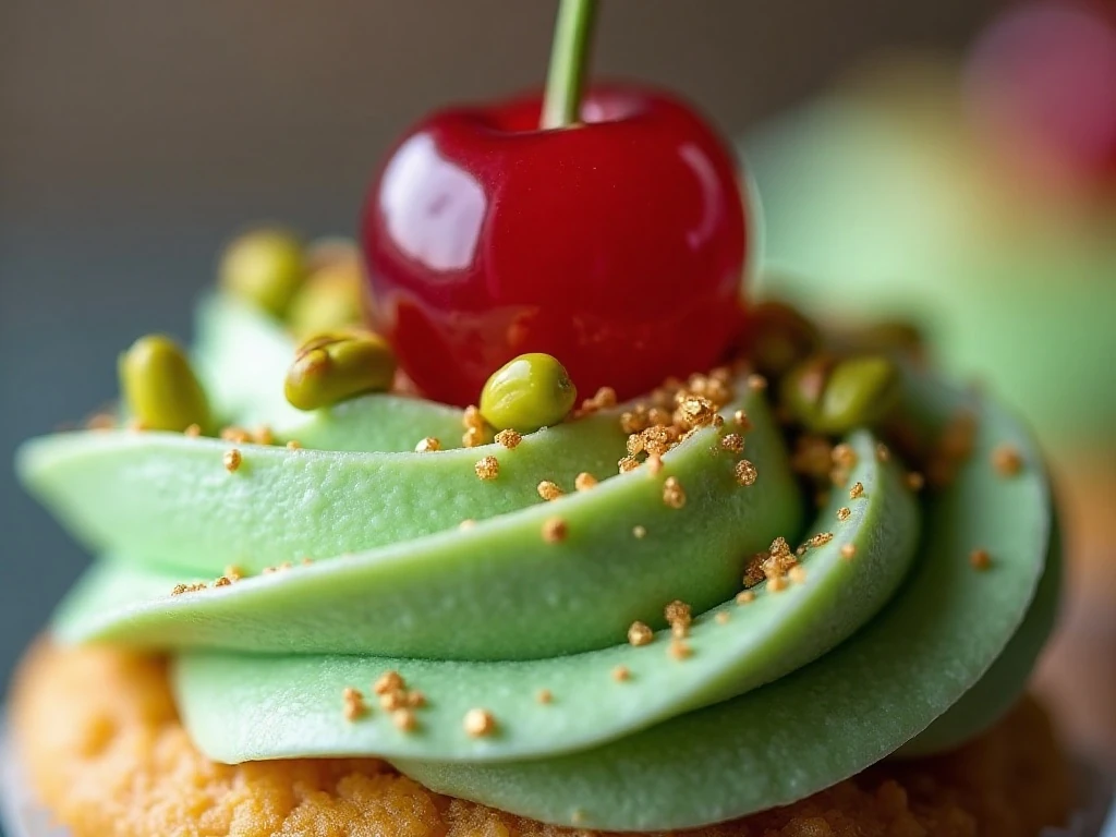 Close-up of cherry and pistachio cupcake garnish