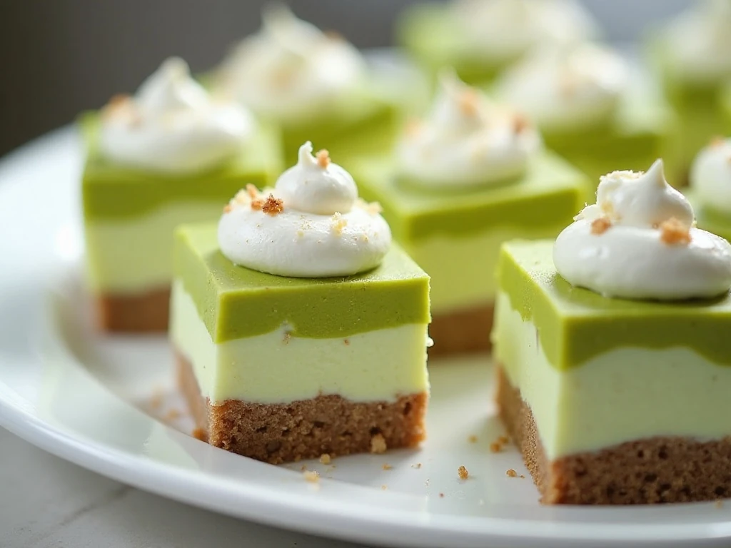 Slices of creamy layered pistachio pudding dessert with pecan crust