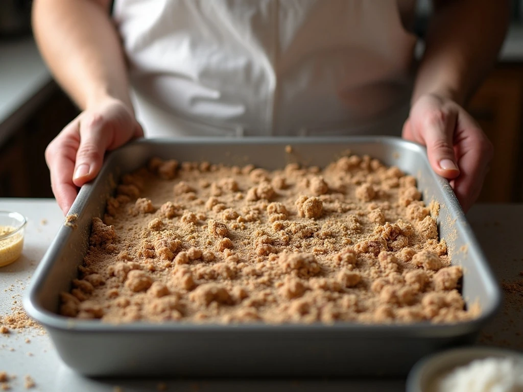 Pressing pecan crust into a baking dish for pistachio pudding dessert