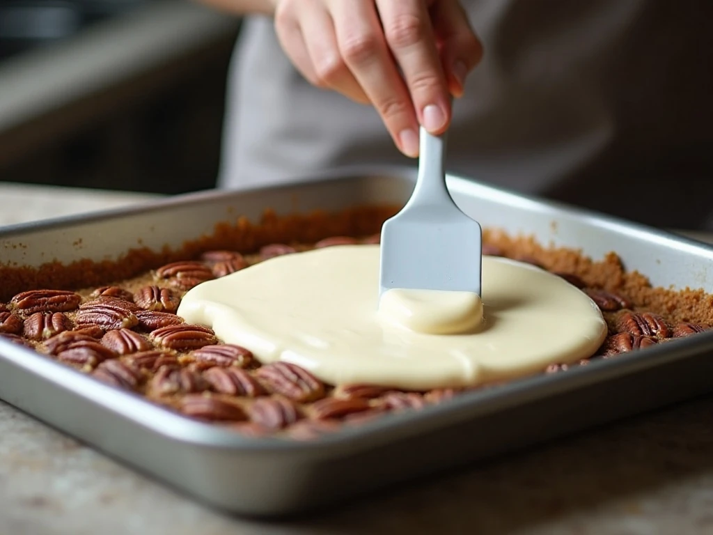 Spreading the smooth cream cheese layer over cooled crust