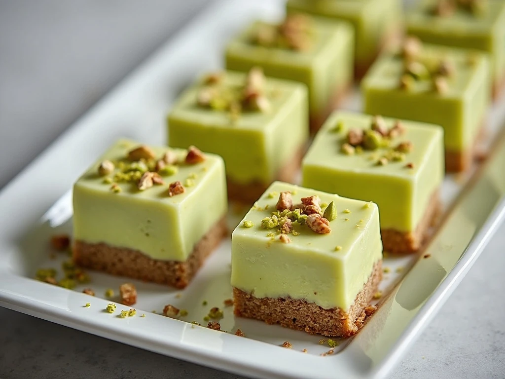 Chilled pistachio pudding dessert squares ready to serve