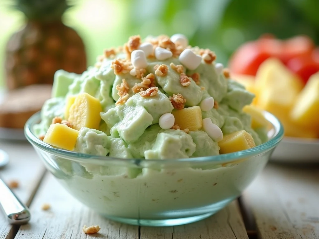 Creamy pistachio Watergate Salad in a glass serving bowl