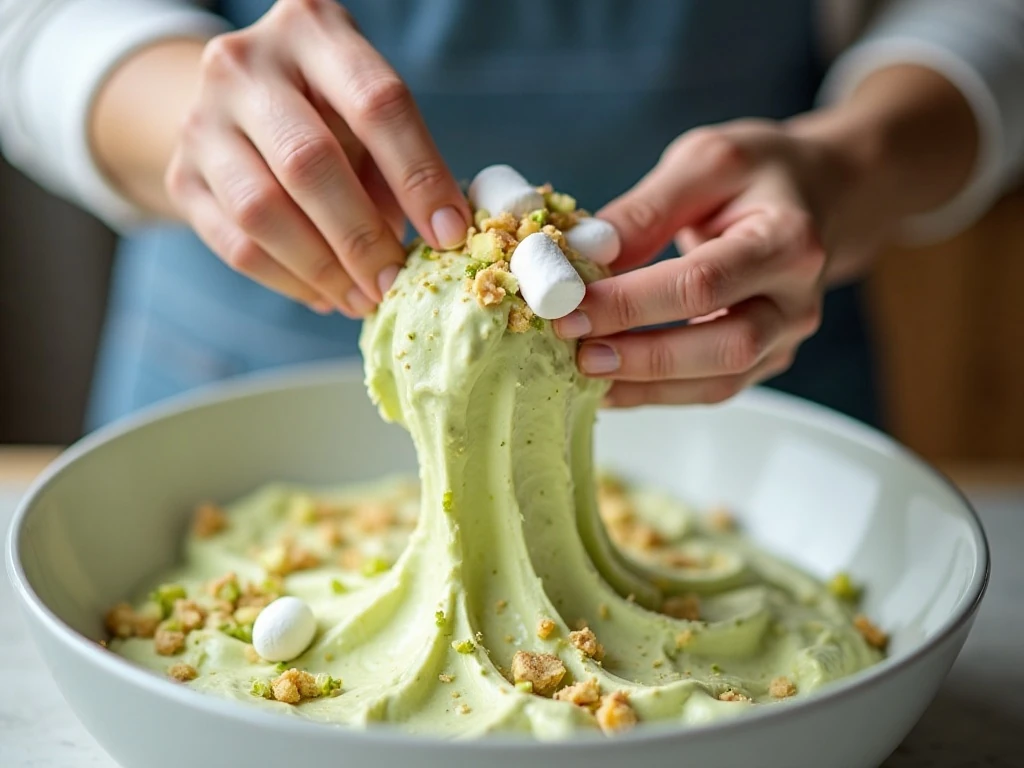 Folding marshmallows and nuts into pistachio salad mixture