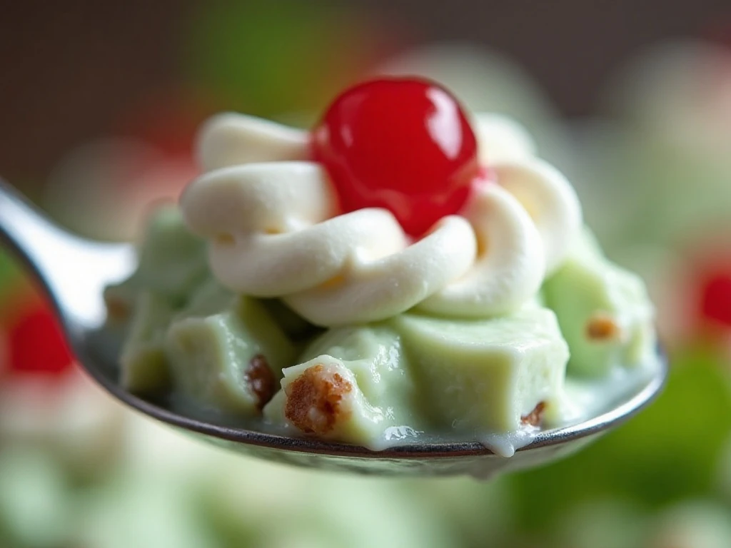 Watergate Salad topped with nuts, whipped topping, and maraschino cherry