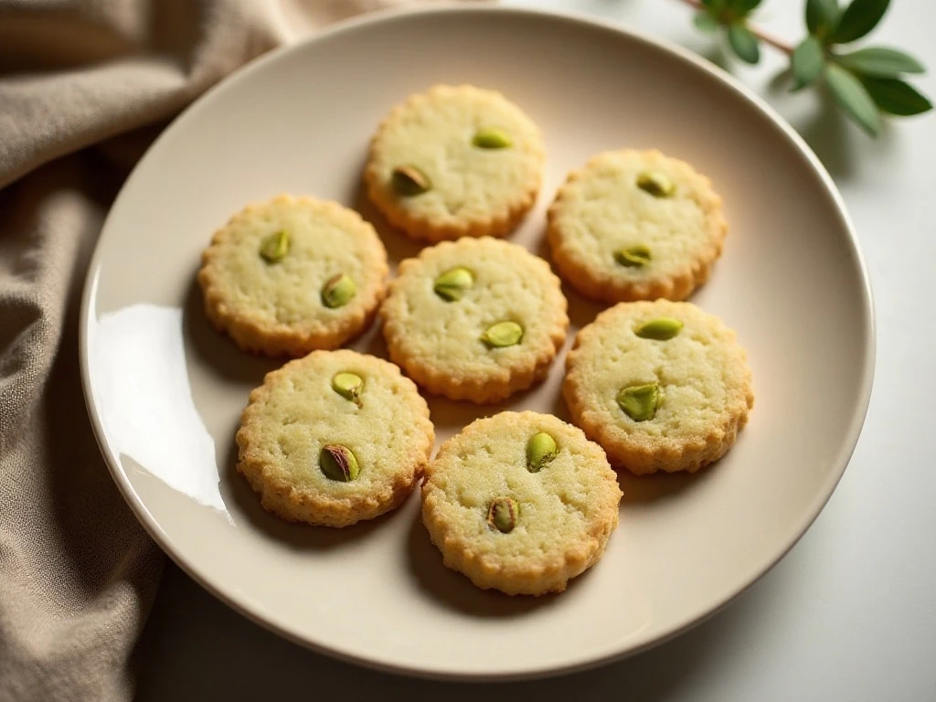 Buttery pistachio shortbread cookies arranged on a serving plate