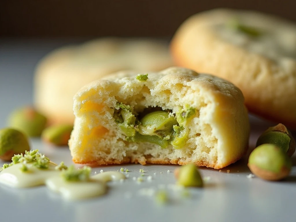 Close-up of the tender texture and pistachios in shortbread