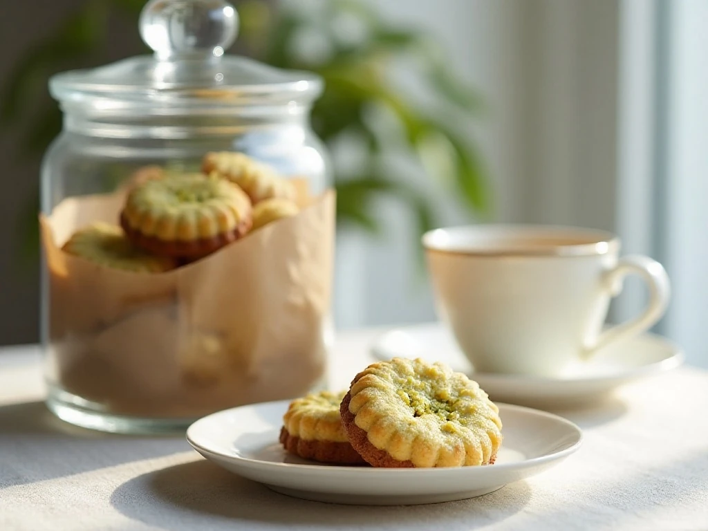 Pistachio shortbread cookies served with tea