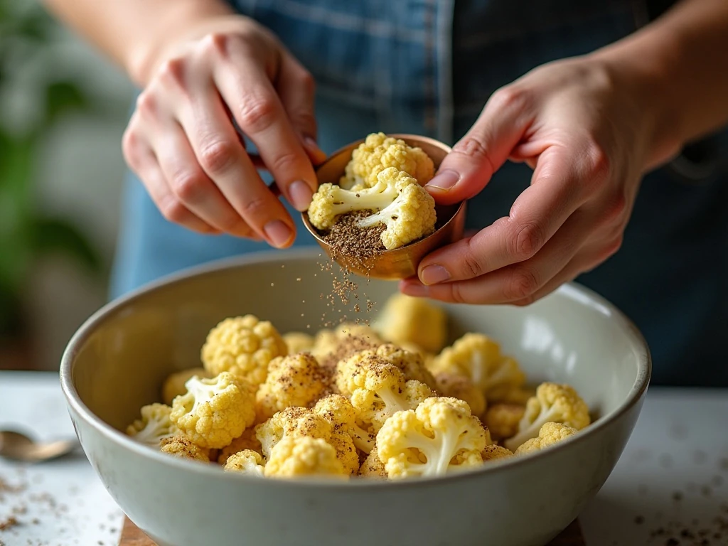 Seasoning cauliflower before roasting for pizza casserole