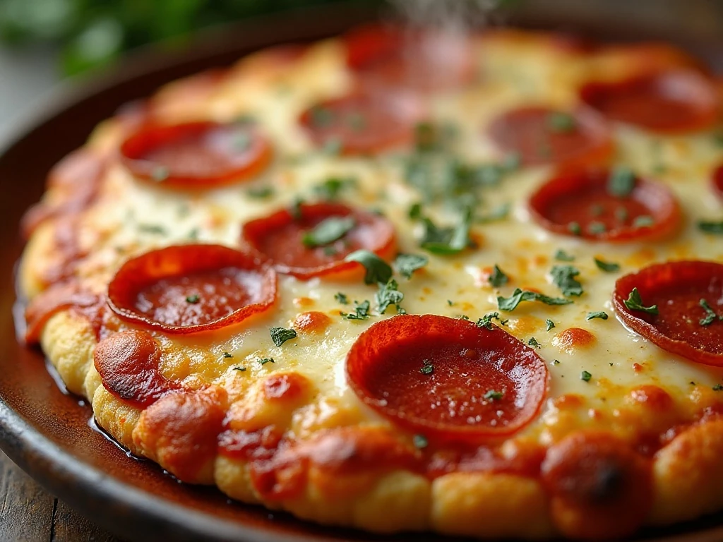 Close-up of bubbling pepperoni cauliflower pizza casserole