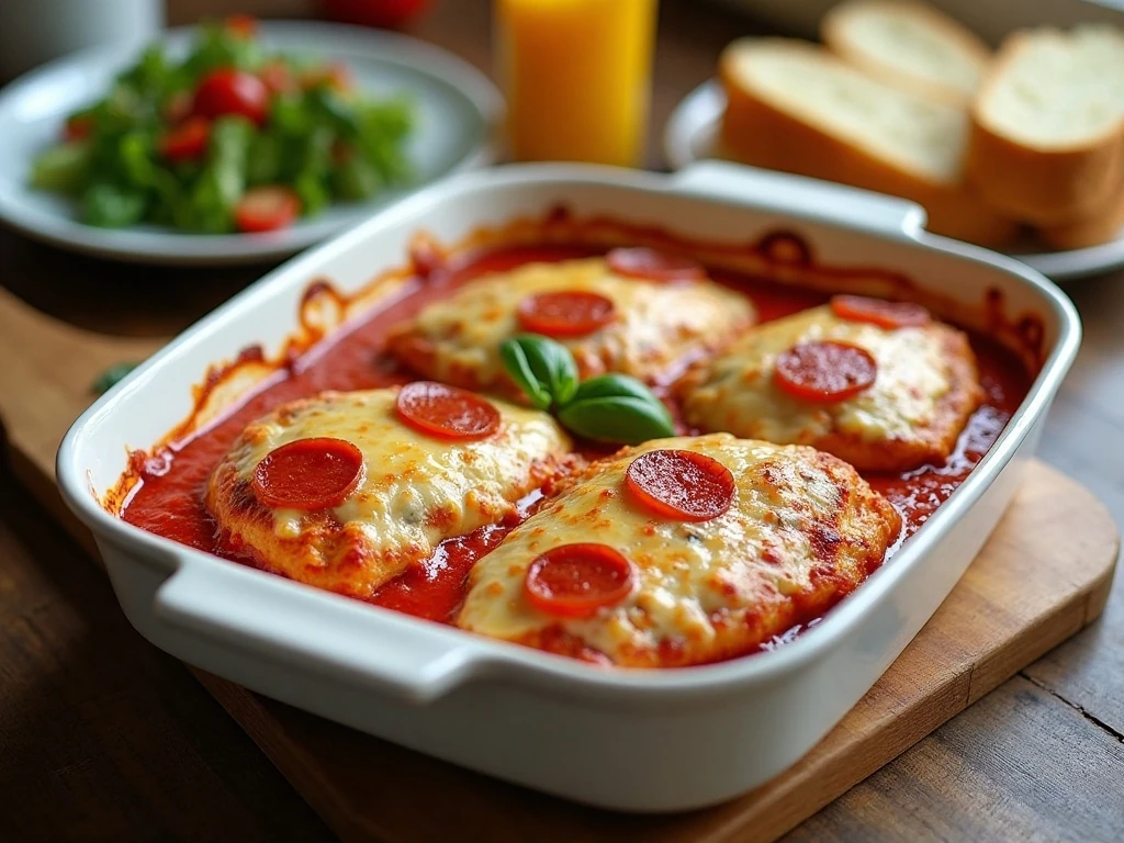 Pizza chicken bake served with salad and garlic bread