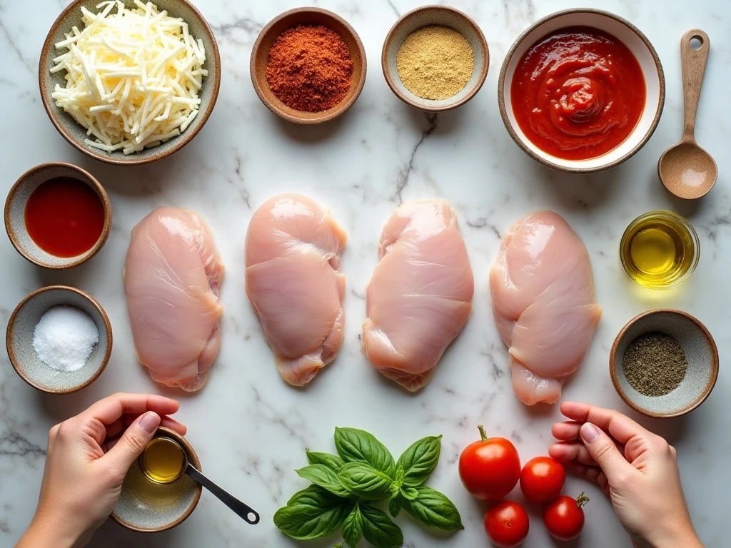 Ingredients for cheesy pizza chicken bake