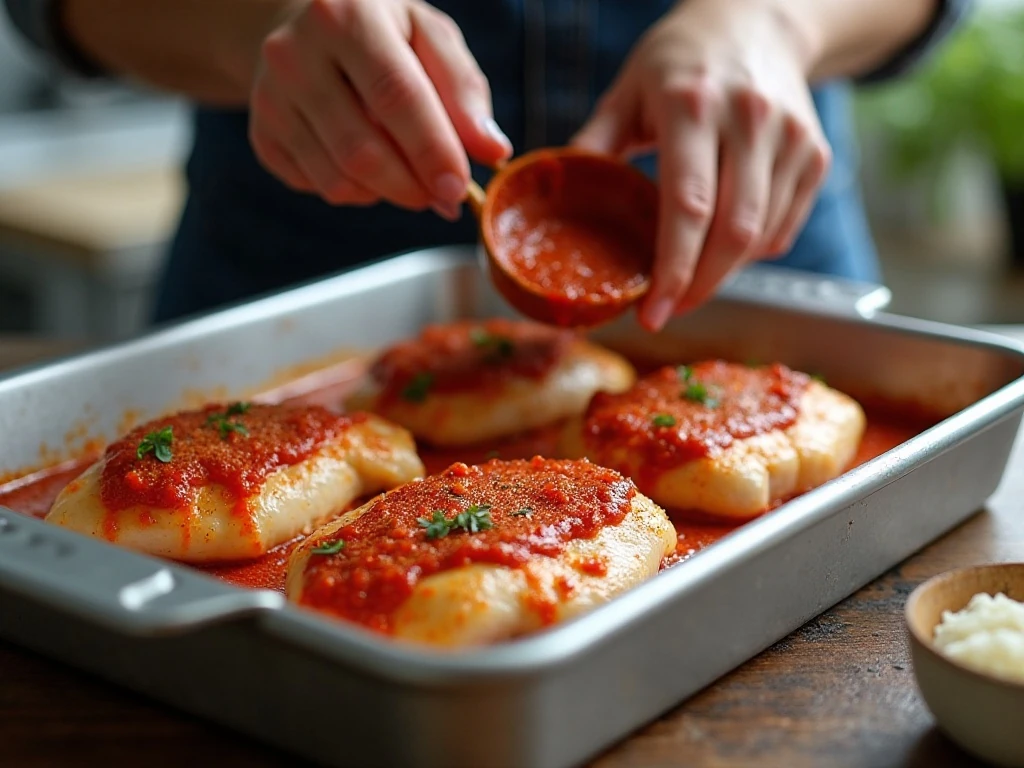 Preparing seasoned chicken with pizza sauce for baking