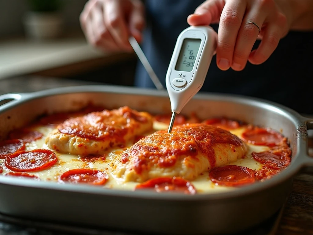 Checking pizza chicken bake with a meat thermometer