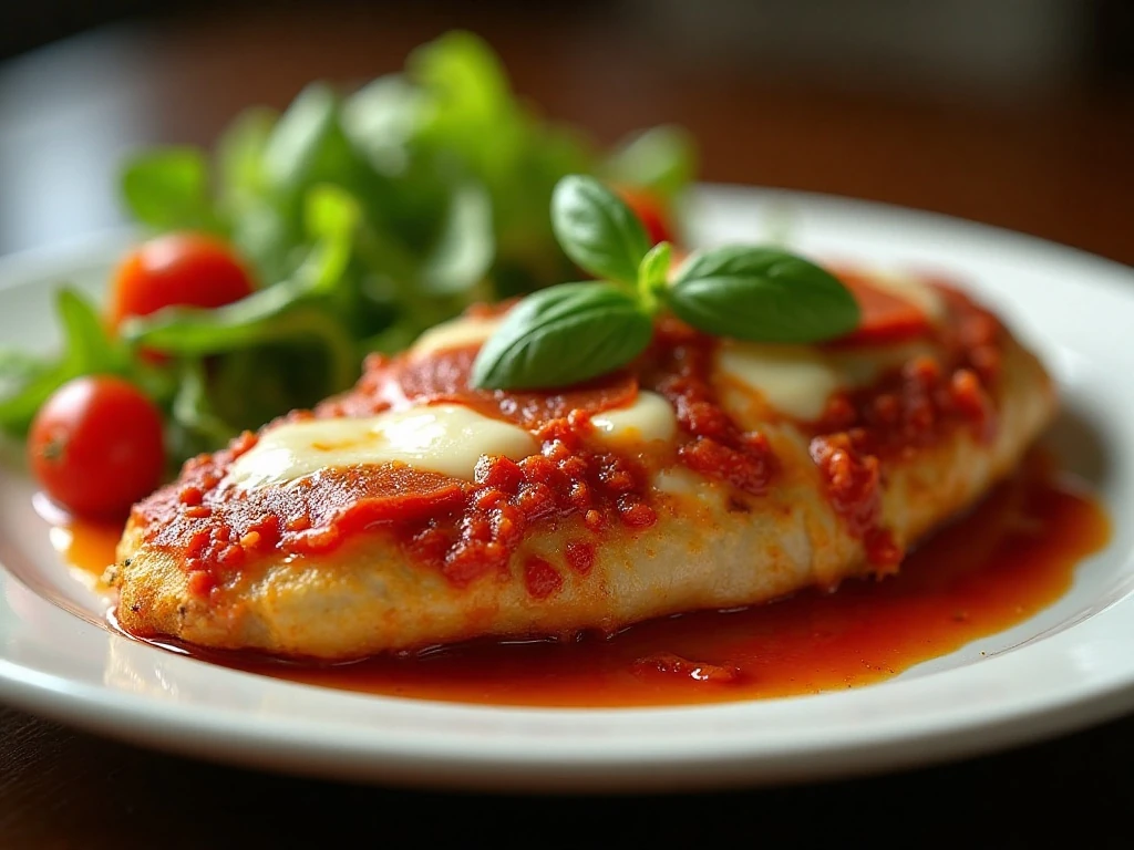 Sliced pizza chicken breast with basil and vegetables