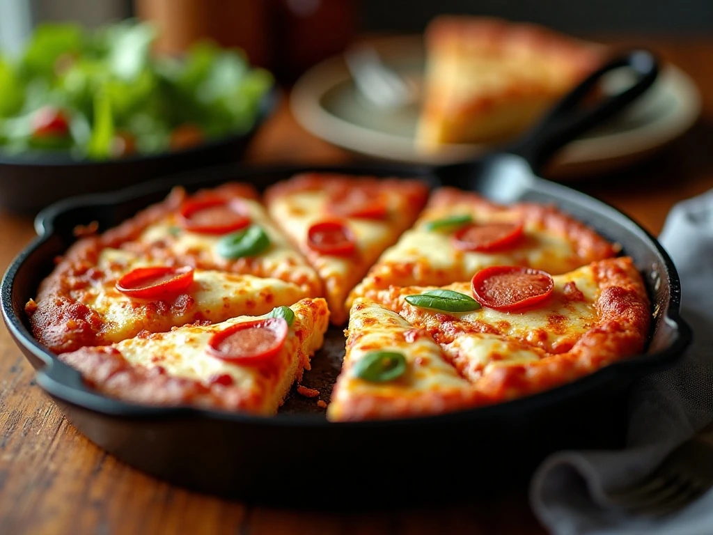 Golden pizza frittata wedges served in a cast-iron skillet