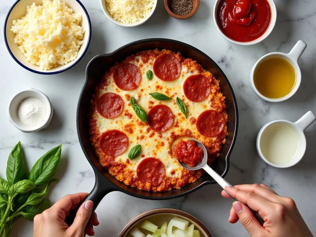 Ingredients for an easy pizza frittata arranged for cooking