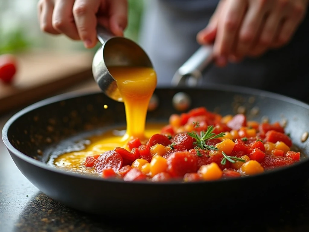 Pepperoni and vegetables cooking in the skillet for pizza frittata