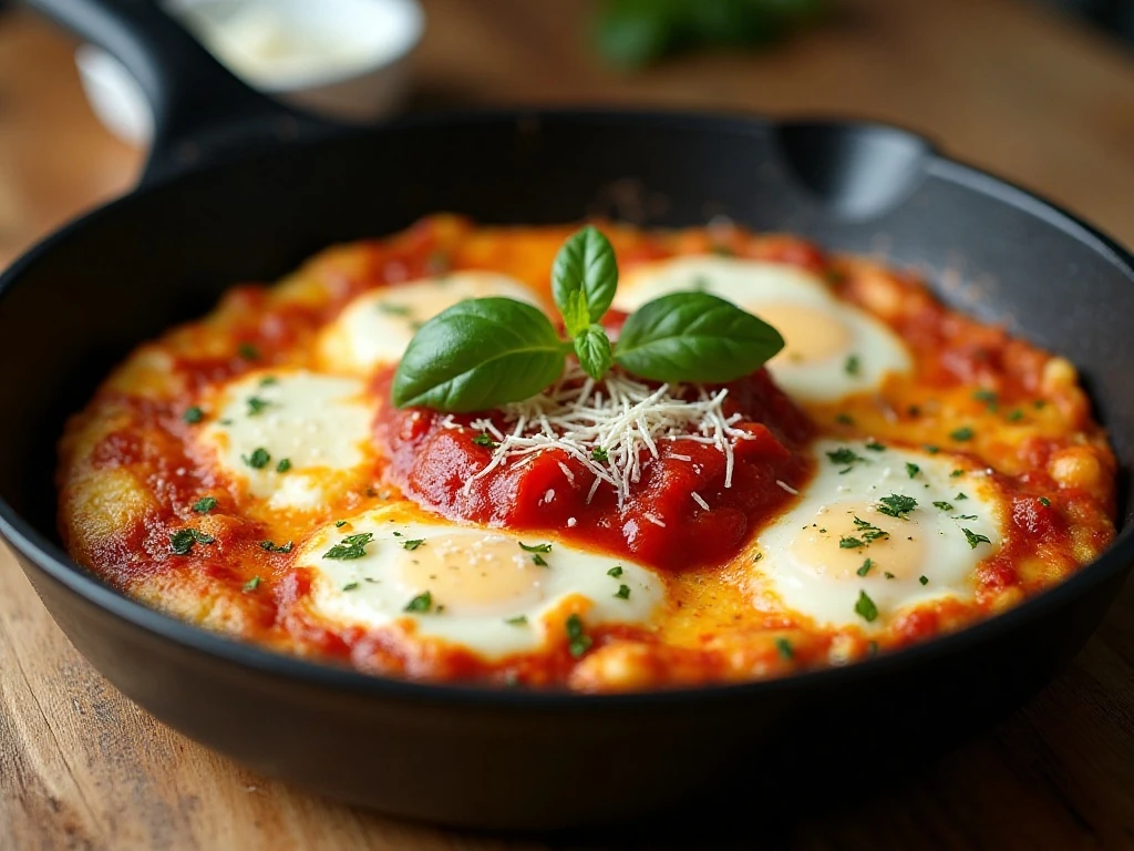 Pizza frittata topped with marinara mozzarella and Parmesan before baking