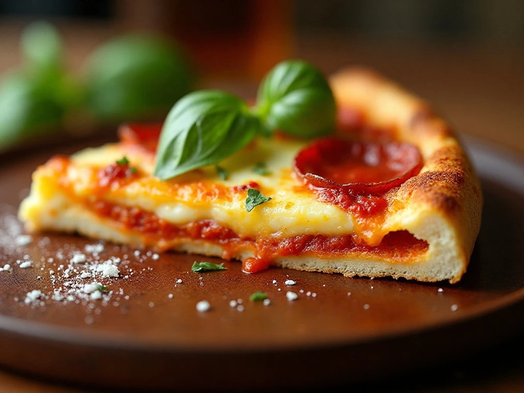 Close-up slice of pizza frittata garnished with fresh basil