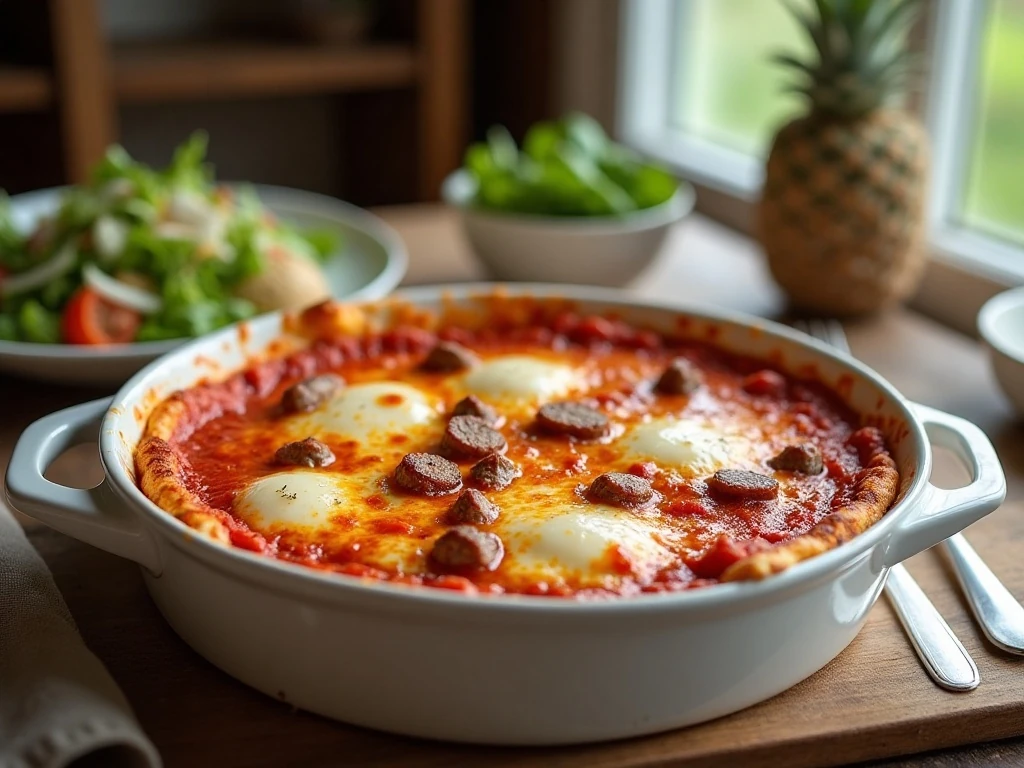 Cheesy pizza pasta bake served as a family dinner