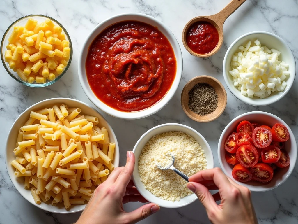 Ingredients for an easy pizza pasta bake
