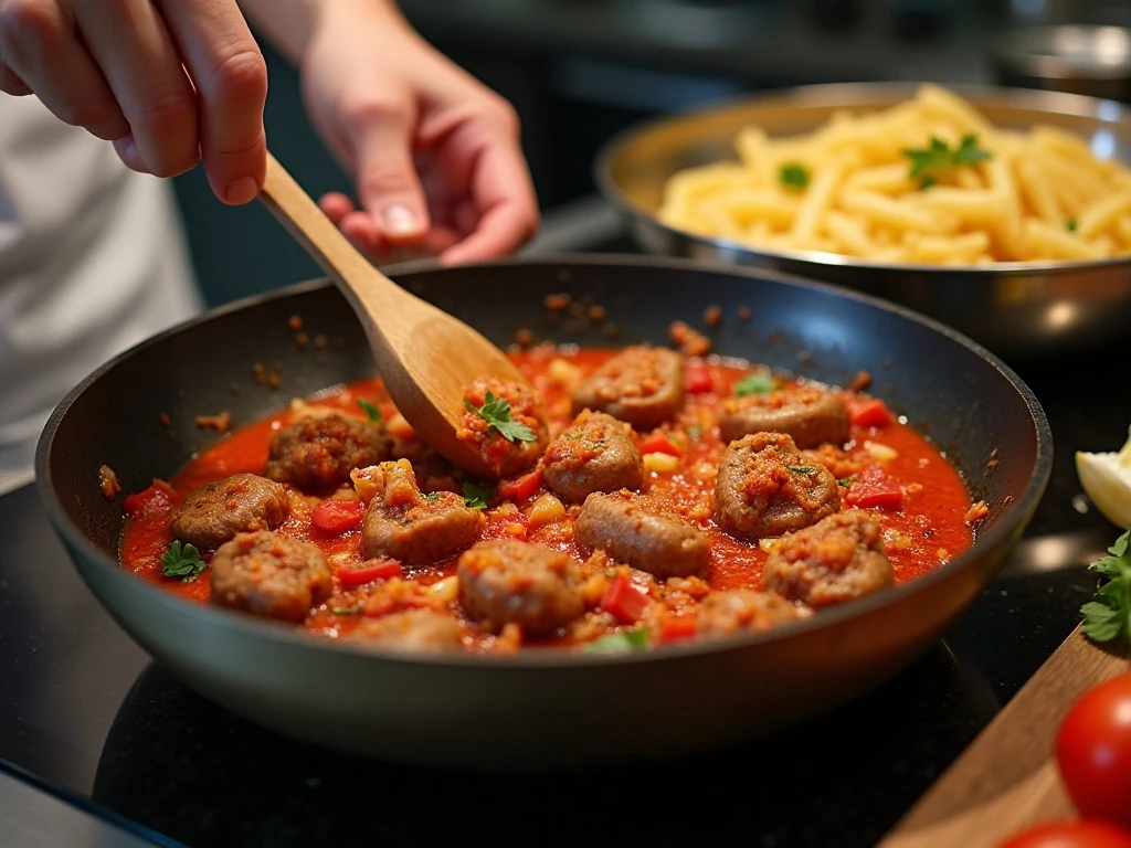 Preparing the meat and tomato sauce for pizza pasta bake