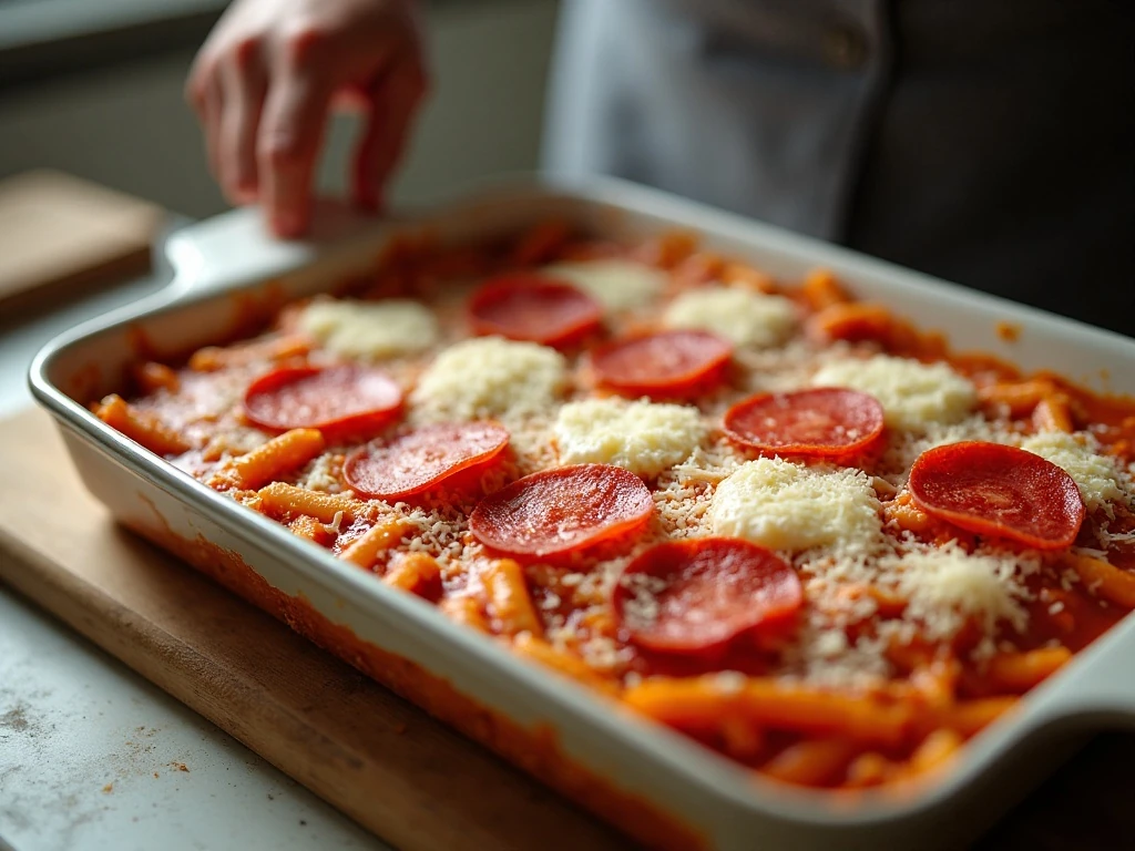 Layering cheese and pepperoni onto pizza pasta bake