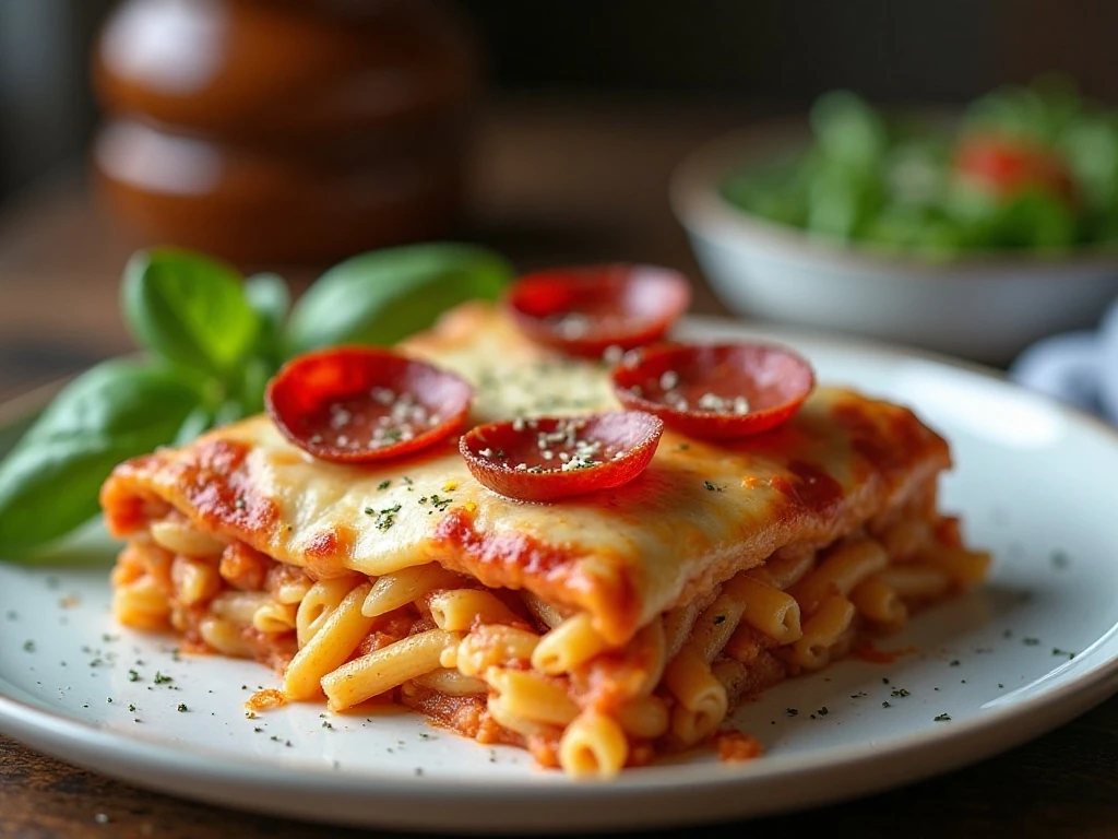 A serving of cheesy pepperoni pizza pasta bake