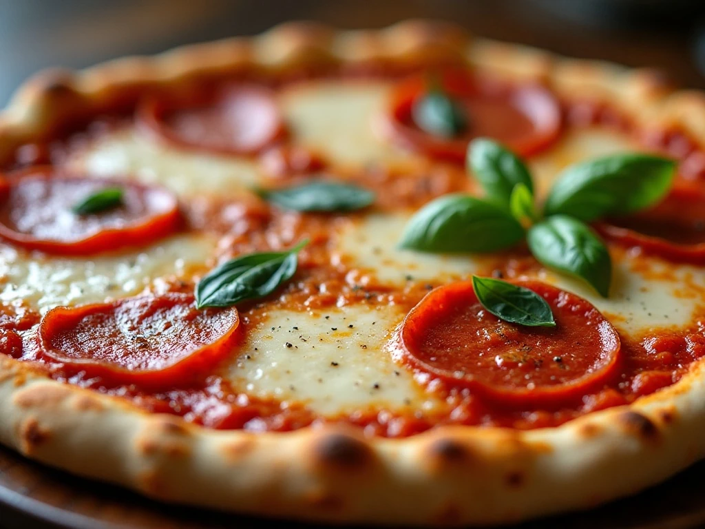 Close-up of melted cheese and pepperoni on pizza pasta bake