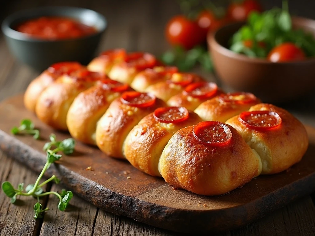 Golden pizza pull-apart bread served with warm marinara