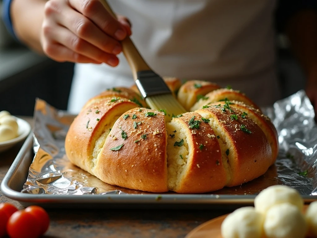 Garlic butter being brushed into crosshatched bread cuts