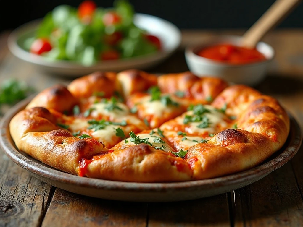 Pizza pull-apart bread served as a party appetizer with salad and marinara