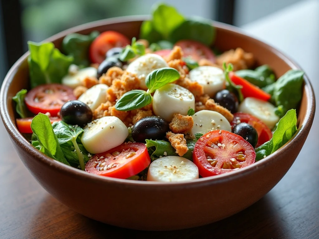 Colorful pizza salad with mozzarella, pepperoni, tomatoes, olives, and croutons