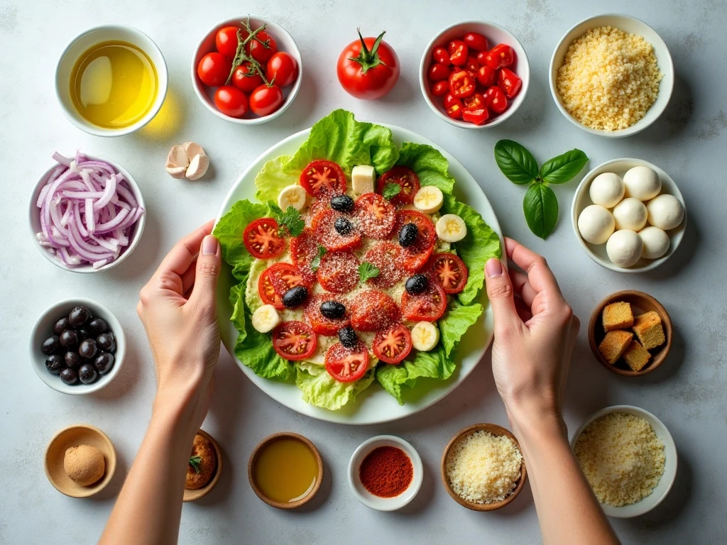 Ingredients for homemade pizza salad and Italian vinaigrette