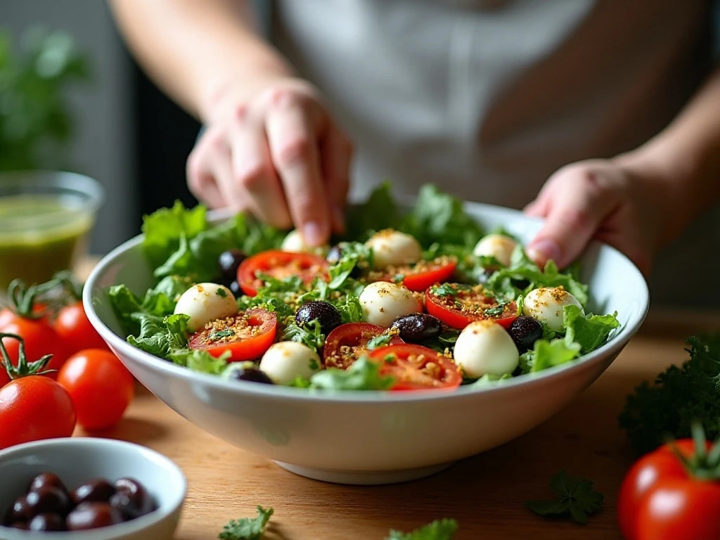 Tossing pizza salad with homemade Italian dressing