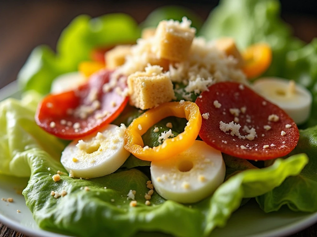 Close-up of Parmesan, croutons, mozzarella, and pepperoni on pizza salad