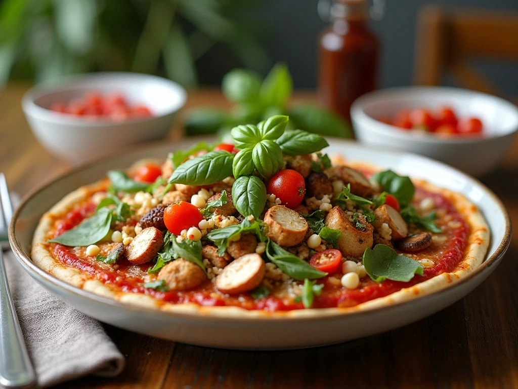 Pizza salad with optional vegetables, basil, and grilled chicken toppings