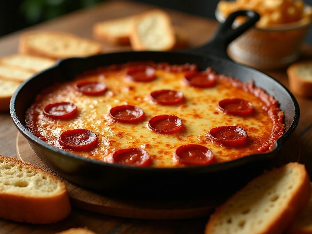Bubbling pizza skillet dip ready for sharing with toasted bread and crackers