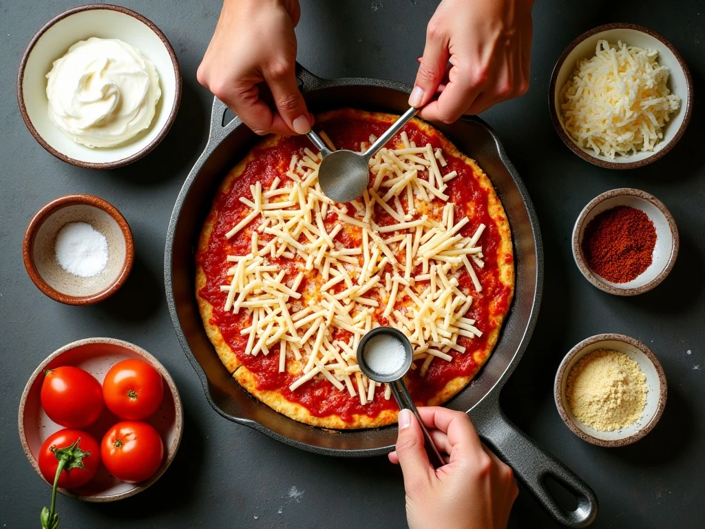 Ingredients for creamy pizza skillet dip arranged on a kitchen counter