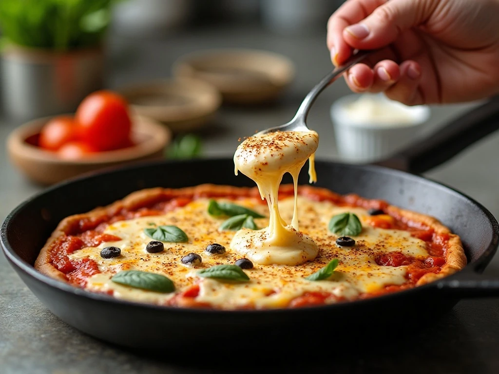 Creamy cheese mixture being spread in a skillet for pizza dip