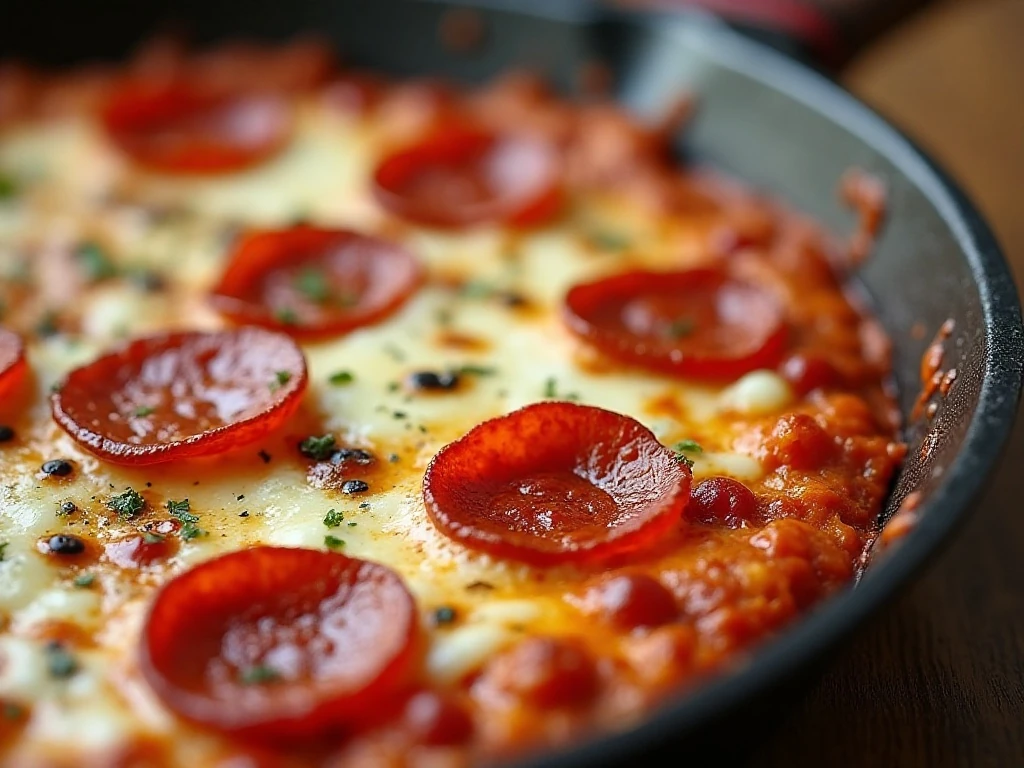 Close-up of melted mozzarella and pepperoni topping on pizza dip