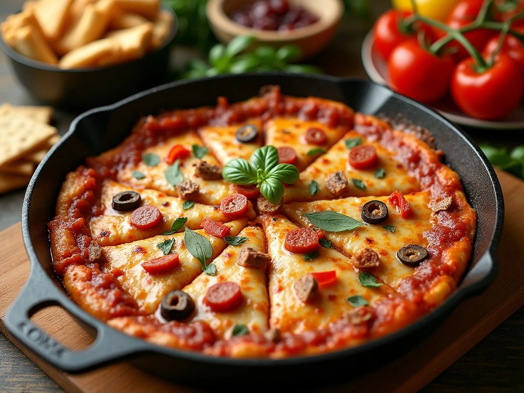 Pizza skillet dip served with assorted dippers and topping variations