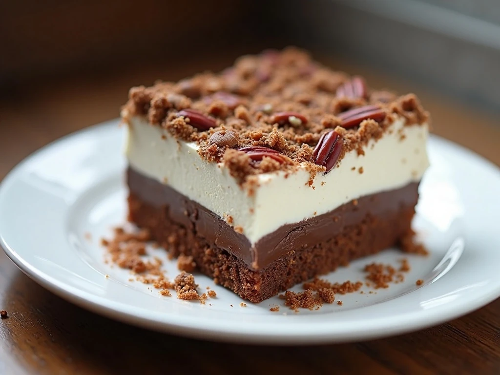 Slice of four-layer chocolate dessert showing its distinct pecan crust and creamy layers