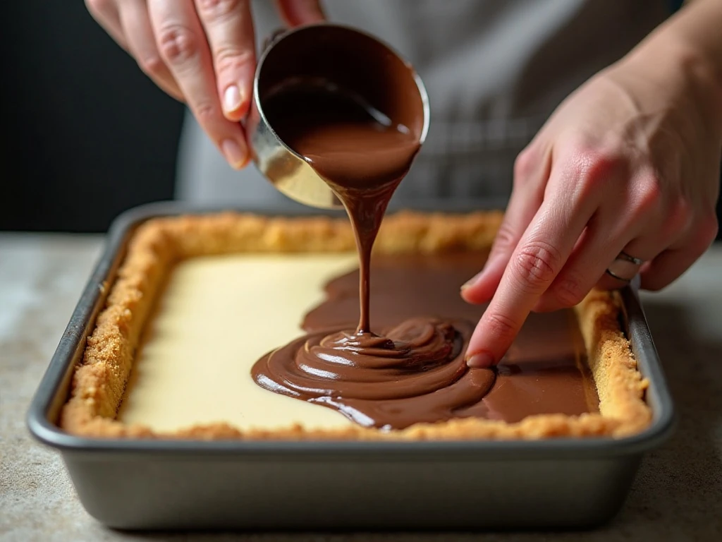 Preparing the cream cheese and chocolate pudding layers over a pecan crust