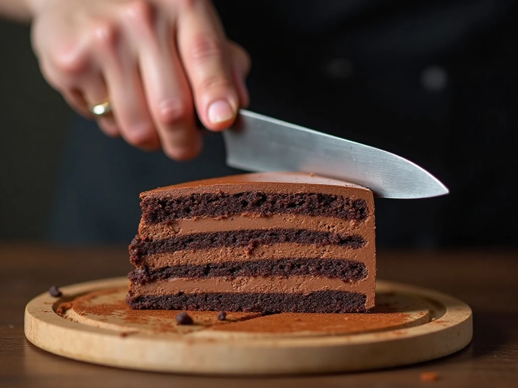 Cutting chilled four-layer chocolate dessert into neat slices