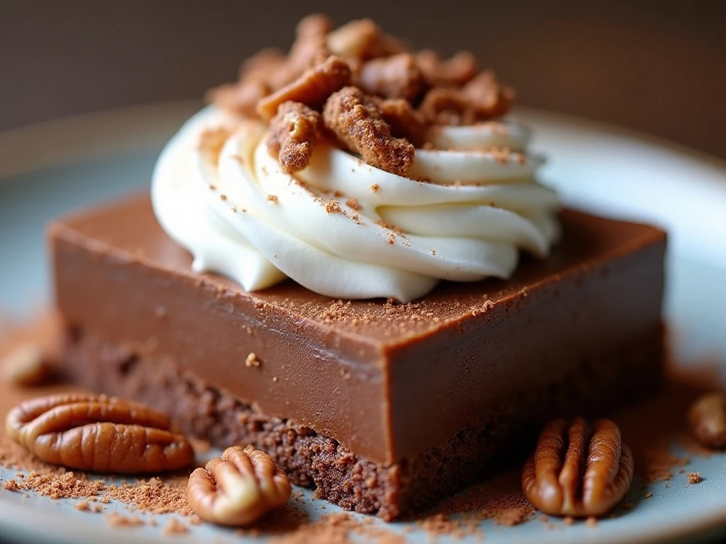 Chocolate dessert square topped with pecans and grated chocolate