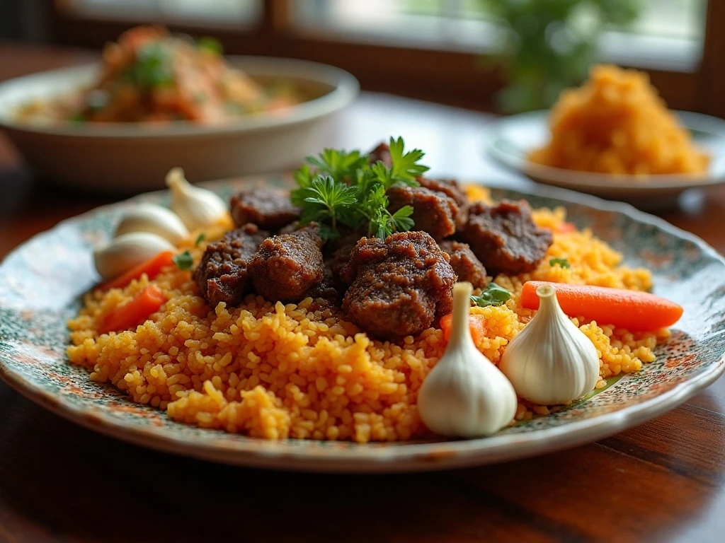 Authentic Uzbek plov with lamb, carrots, rice, and garlic served on a platter